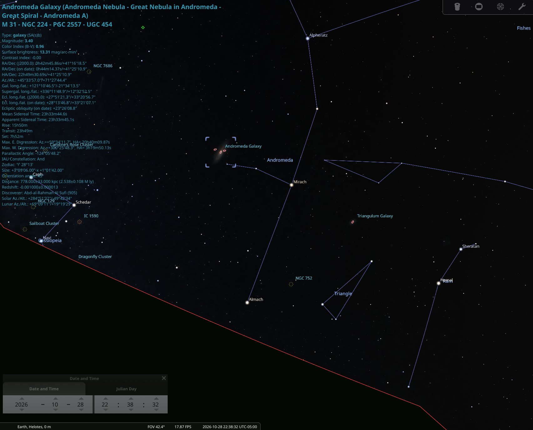 M31 at az 45°, alt 71°, comfortably clear of the western notch
